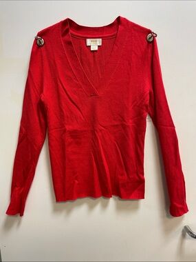 Maeve Bright Red V‑Neck Ribbed Knit Sweater. Medium.